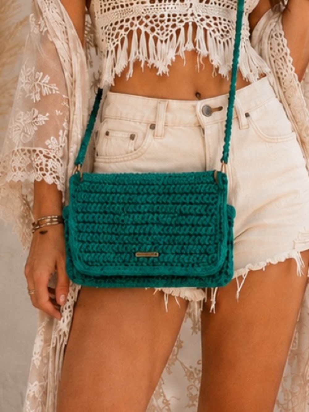 Handmade Teal Crochet Crossbody Purse Bag Boho Festival Artisan Gold Tone OS